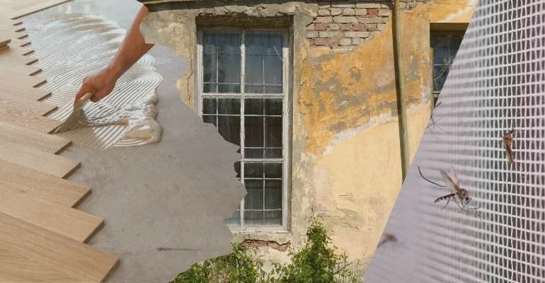 Bildcollage mit Parkettverlegung, alter Fensteröffnung und Insektenschutzgitter